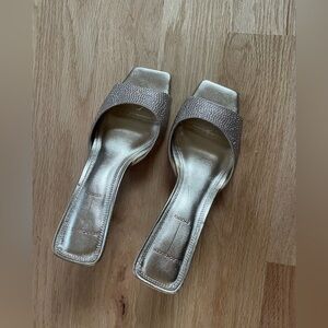 Black suede studio gold heeled sandals / mules